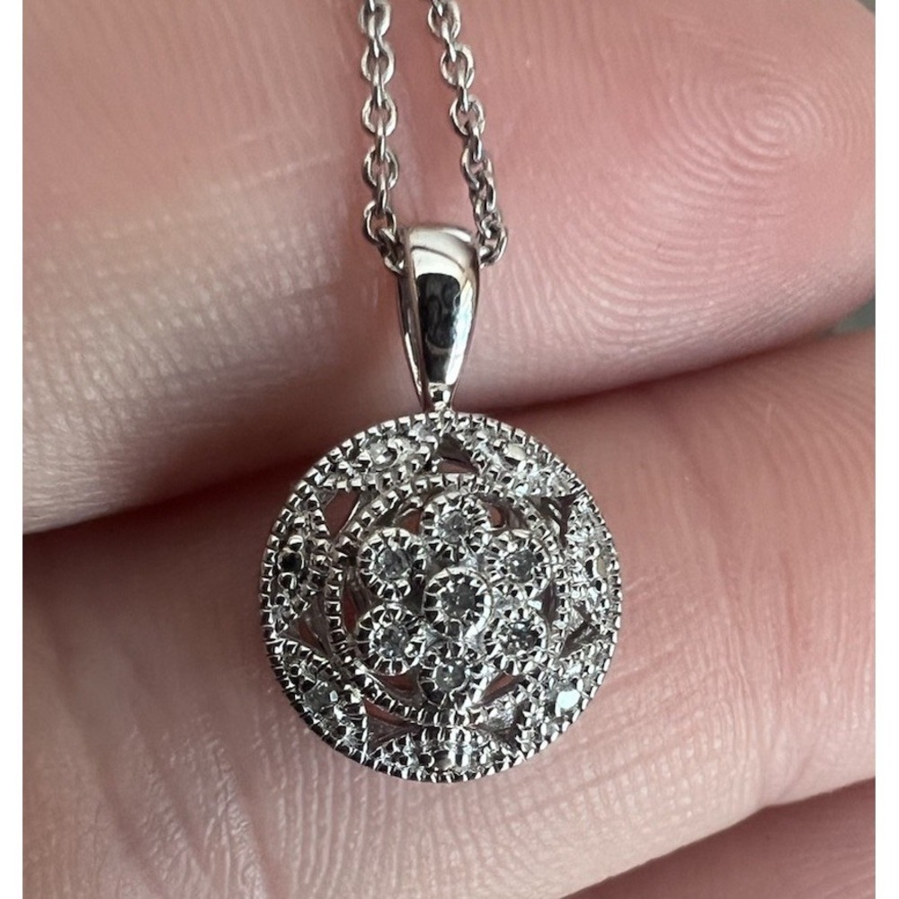 Sterling Silver Diamond Necklace Round Pendant .925‎ Flower Filigree $200 Retail